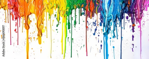 Colorful paint drips down a white wall, creating a vibrant and artistic background with a unique pattern and rainbow-like touch