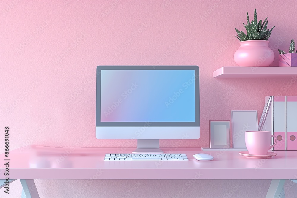 Minimalistic Pink Home Office Setup with Computer Minimalistic Pink Home Office Setup with Computer
