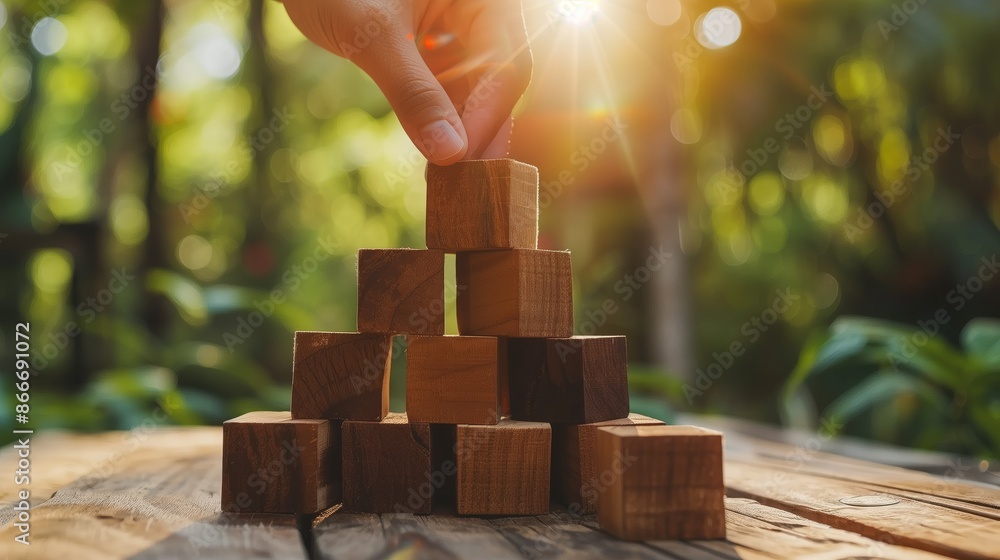 Wooden Blocks Pyramid Hand Building Concept Wooden Blocks Pyramid Hand Building Concept