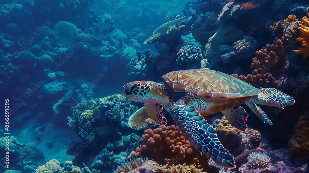 Fototapeta premium underwater photography of sea turtles in magical deep sea