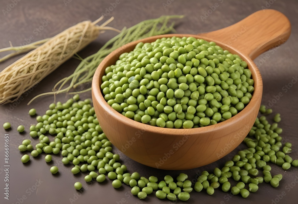 A Wooden Bowl Filled with Green Mung Beans - Nutty-Flavored and Healthy Legume Often Used in Asian Cuisine A Wooden Bowl Filled with Green Mung Beans - Nutty-Flavored and Healthy Legume Often Used in Asian Cuisine