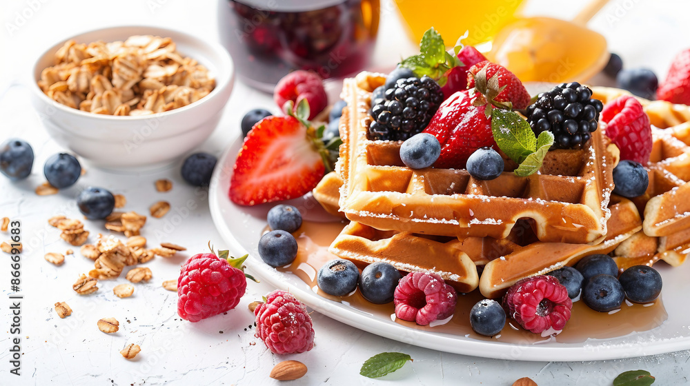 Discover a delightful breakfast table featuring homemade granola, fresh berries, and crispy waffles isolated on a white background. Perfect for healthy morning meals, this setup includes yogurt, nuts. Discover a delightful breakfast table featuring homemade granola, fresh berries, and crispy waffles isolated on a white background. Perfect for healthy morning meals, this setup includes yogurt, nuts.