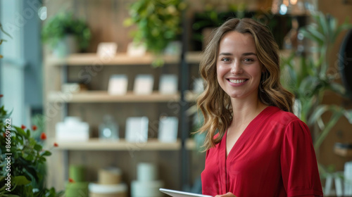 A businesswoman holding a tablet and smiling in a modern office setting.