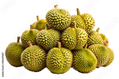 Pile of fresh durians with spiky shells isolated on transparent background