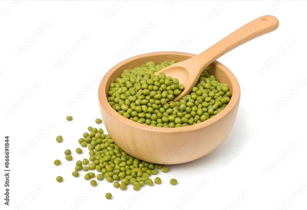 A Wooden Bowl Filled with Green Mung Beans with a Wooden Spoon - Rustic and Wholesome Culinary Art A Wooden Bowl Filled with Green Mung Beans with a Wooden Spoon - Rustic and Wholesome Culinary Art
