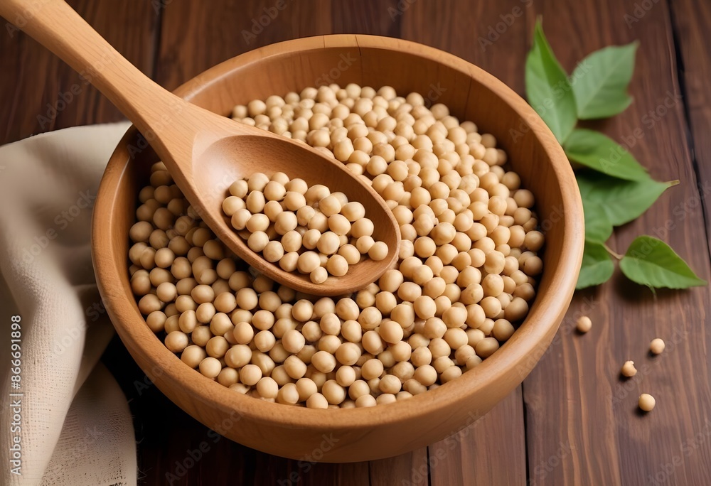 A Wooden Bowl Filled with Raw Soybeans, with a Wooden Spoon Next to It - Nutritious and Versatile Plant-Based Protein Source A Wooden Bowl Filled with Raw Soybeans, with a Wooden Spoon Next to It - Nutritious and Versatile Plant-Based Protein Source