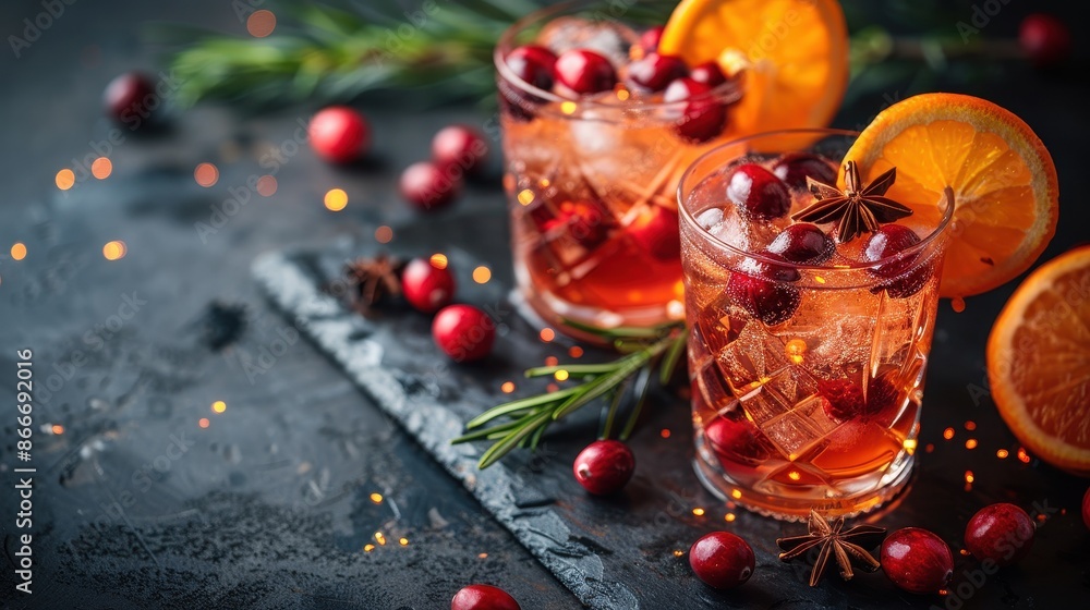 Two cranberry cocktails with ice and garnished with orange slices and rosemary, accompanied by cranberries and star anise, set on a darker slate board with holiday lights.