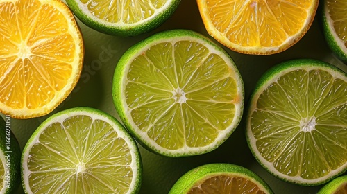 This photograph captures a collection of both sliced and whole limes and lemons arranged on a green table, with their bright yellow and green colors creating a vibrant contrast.