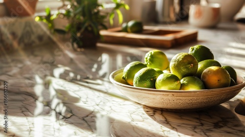 A bowl filled with fresh limes, placed on a marble countertop, with sunlight streaming through a nearby window, casting soft shadows and highlighting the bright green color photo