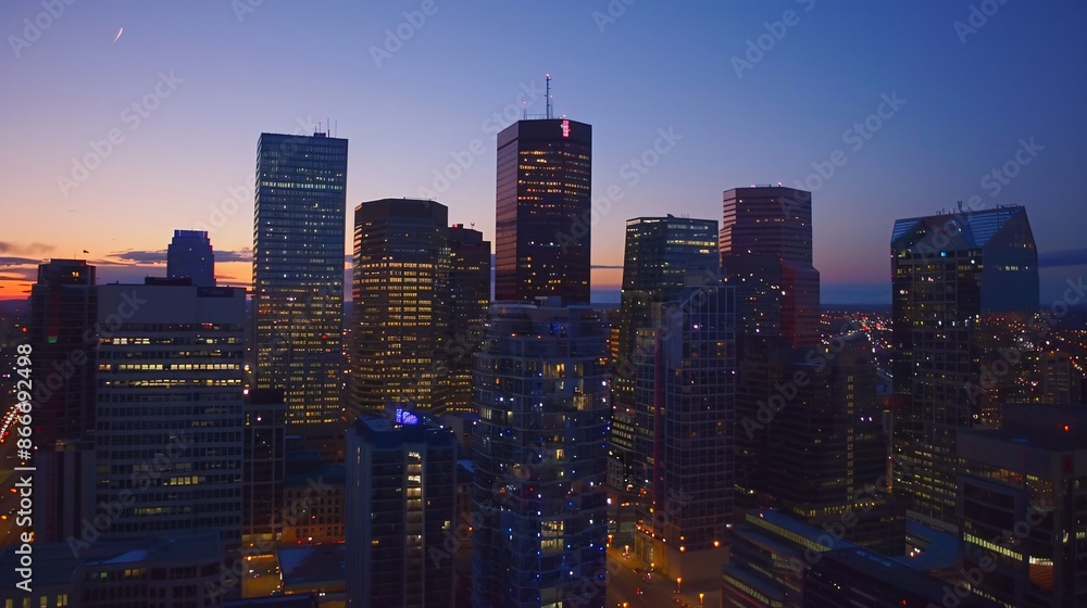 A city skyline at twilight, with skyscrapers casting long shadows and the stars appearing in the sky, while street lights begin to flicker on A city skyline at twilight, with skyscrapers casting long shadows and the stars appearing in the sky, while street lights begin to flicker on