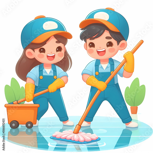 Professional cleaner doing cleaning works modern flat vector illustration