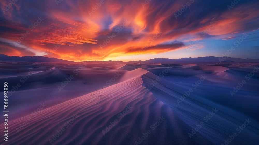 A desert landscape at twilight, with sand dunes casting long shadows and the sky transitioning from fiery orange to deep indigo, capturing the stark beauty of the scene A desert landscape at twilight, with sand dunes casting long shadows and the sky transitioning from fiery orange to deep indigo, capturing the stark beauty of the scene