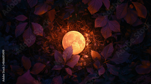 Full moon glowing brightly through lush foliage, casting an ethereal light on the surrounding leaves.  A mysterious and magical scene. photo