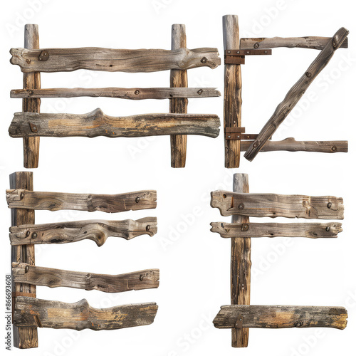 A collection of 22 distinct, long weathered wooden planks with rustic features like rusty nails, meticulously detailed for design and 3D modeling purposes, isolated on a white background.