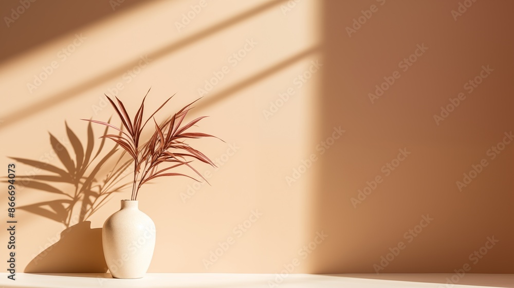 Modern summer minimal of plant in sunlight with long shadows on beige wall background, copy space interior lifestyle Mediterranean scene. Modern summer minimal of plant in sunlight with long shadows on beige wall background, copy space interior lifestyle Mediterranean scene.