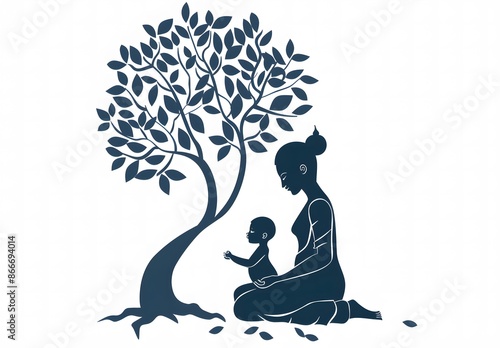 silhouettes of a mother and child under a tree  ,guru purnima festival photo