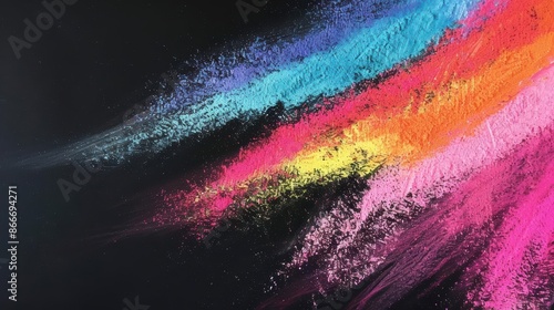 Abstract painting with vibrant splashes of blue, pink, yellow, and orange on a black background, showcasing dynamic, expressive brushstrokes. photo