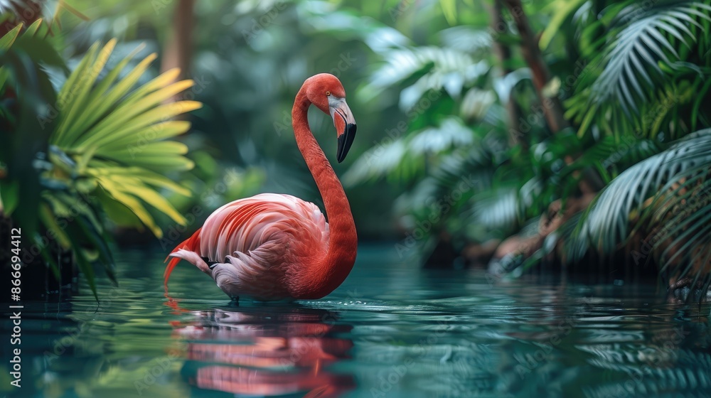 Fototapeta premium Vibrant summer scene featuring a large inflatable flamingo on a blue backdrop, perfect for a pool float party