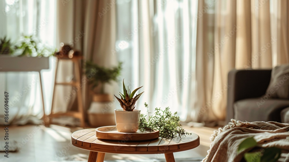 A minimalist living space with a clean dark sofa, a single wooden coffee table, a potted plant, and a large window with sheer white curtains A minimalist living space with a clean dark sofa, a single wooden coffee table, a potted plant, and a large window with sheer white curtains