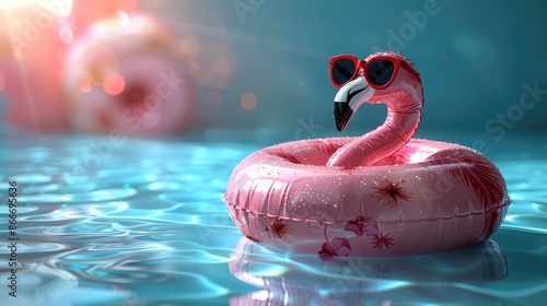 Vibrant summer scene featuring a large inflatable flamingo on a blue backdrop, perfect for a pool float party