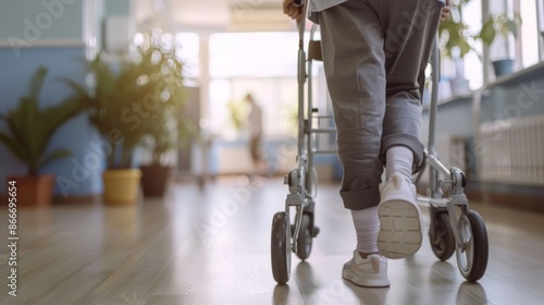 close-up of elderly person using walker in bright spacious room with white sneakers, blurred background, natural light creating gentle shadows during self-evaluation process