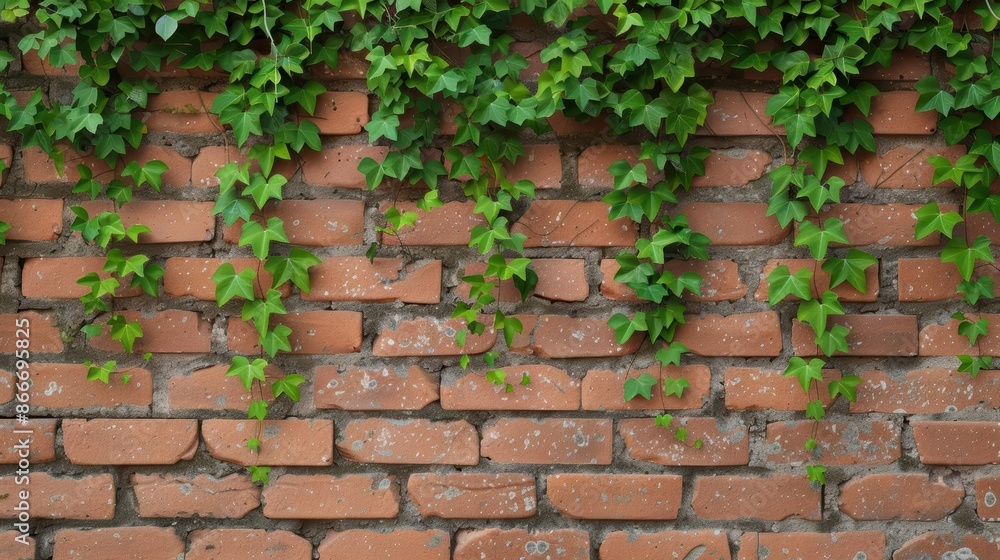 Brick wall with climbing green ivy creating a natural, vibrant pattern. Rustic background ideal for nature, architecture, and outdoor themes. Brick wall with climbing green ivy creating a natural, vibrant pattern. Rustic background ideal for nature, architecture, and outdoor themes.