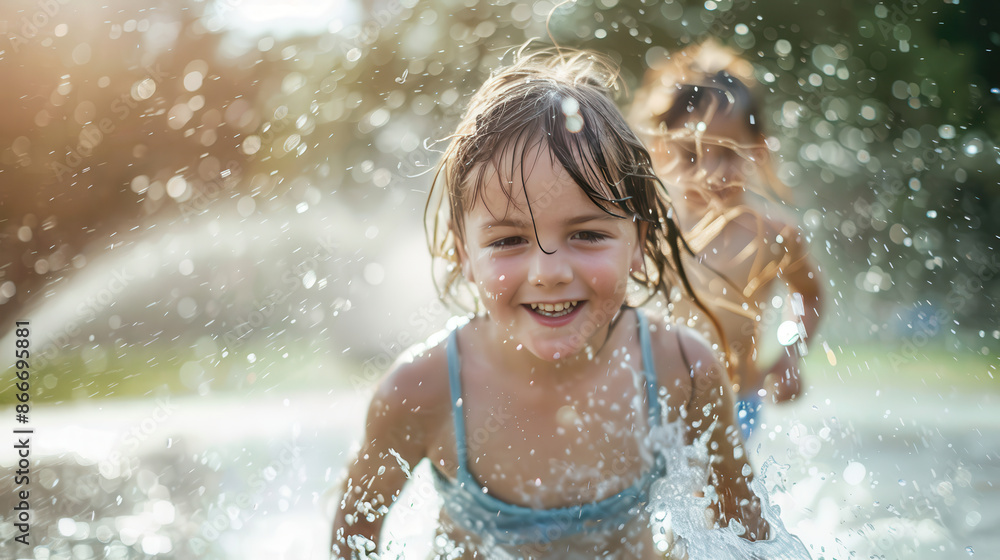 Obraz premium Two children joyfully splashing in water on a sunny day. The foreground shows a smiling girl with water droplets and bokeh in the background. 