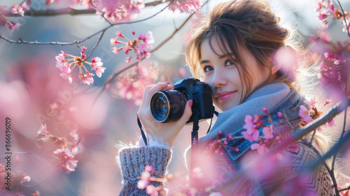 A young woman with a camera captures the beauty of cherry blossoms during springtime. She is surrounded by blooming pink flowers and sunlight. © Wedee