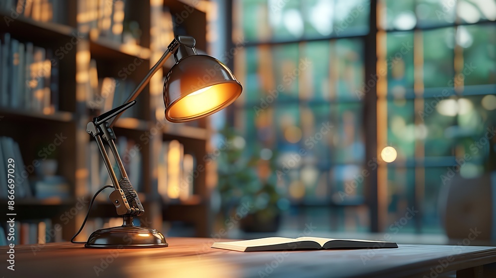 Modern Desk Setup with Lamp and Books Against a Blurred Background
Modern Desk Setup with Lamp and Books Against a Blurred Background