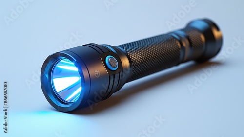 A sleek black flashlight with a blue glowing light resting on a white background, showcasing modern design and cutting-edge technology, suitable for various uses.