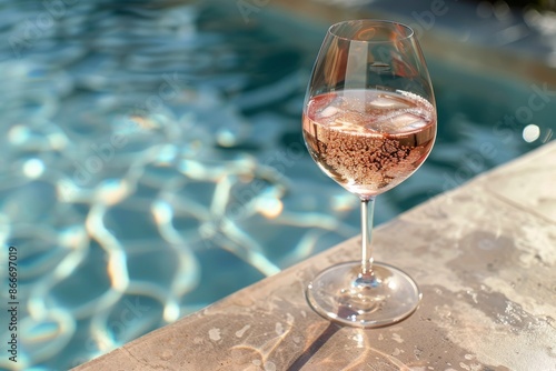 A Glass of Rose Wine by the Pool on a Sunny Day