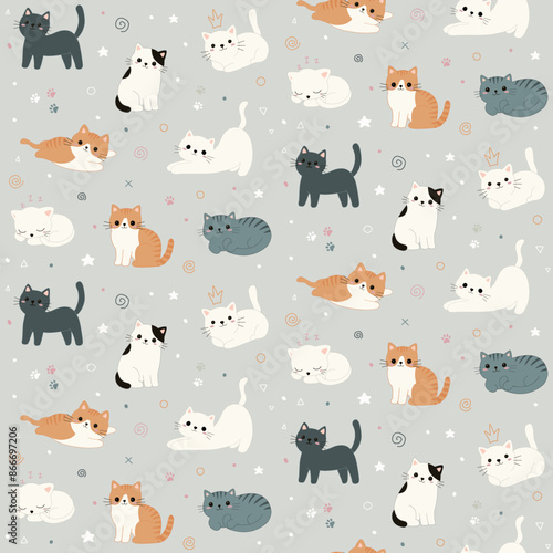 Cats and doodles seamless pattern design
