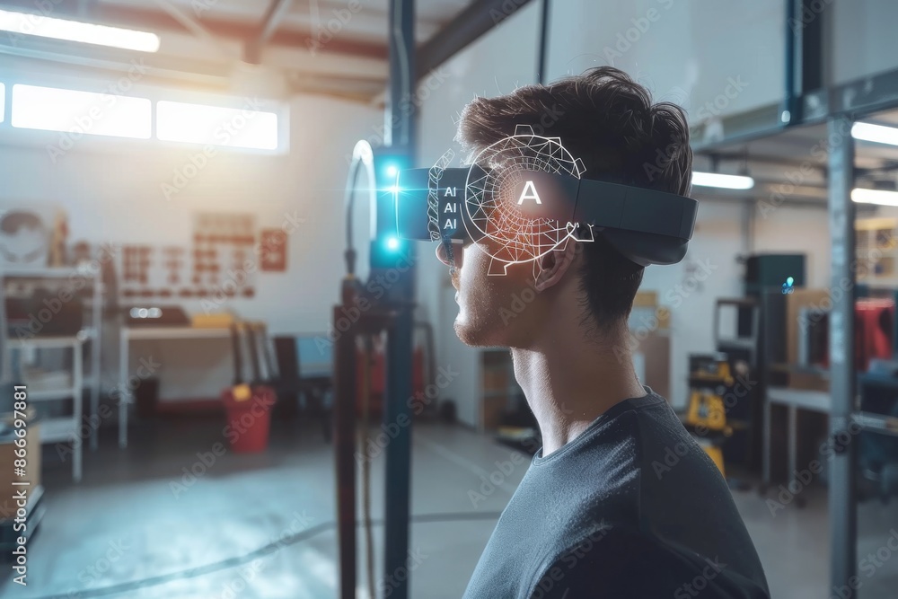 AI Powered VR Interface in Modern Laboratory, High Tech Environment with Blue and Grey Lights, Advanced Virtual Reality AI Powered VR Interface in Modern Laboratory, High Tech Environment with Blue and Grey Lights, Advanced Virtual Reality