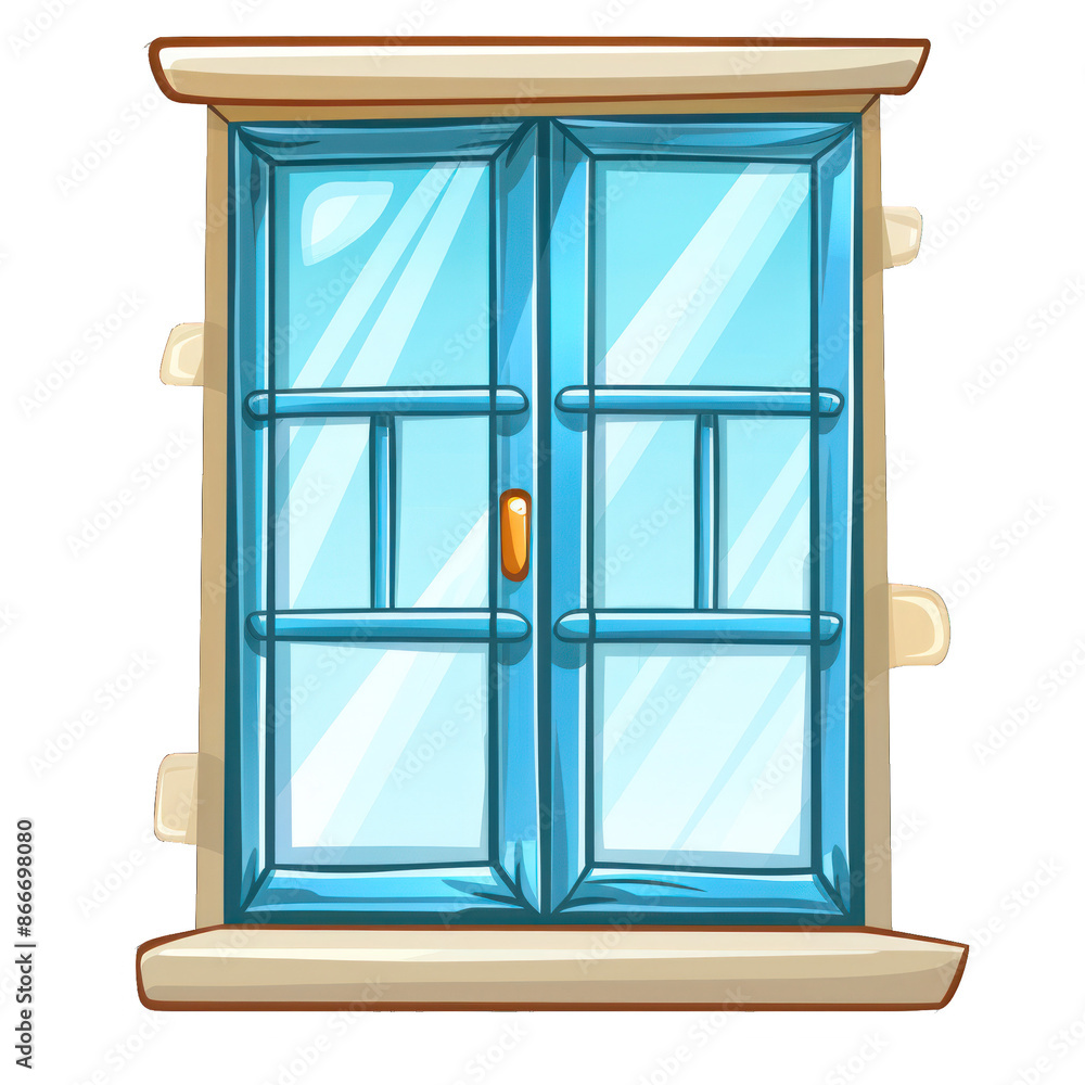 Cartoon illustration of a blue wooden window with glass panes and a handle, surrounded by a stone frame. Cartoon illustration of a blue wooden window with glass panes and a handle, surrounded by a stone frame.