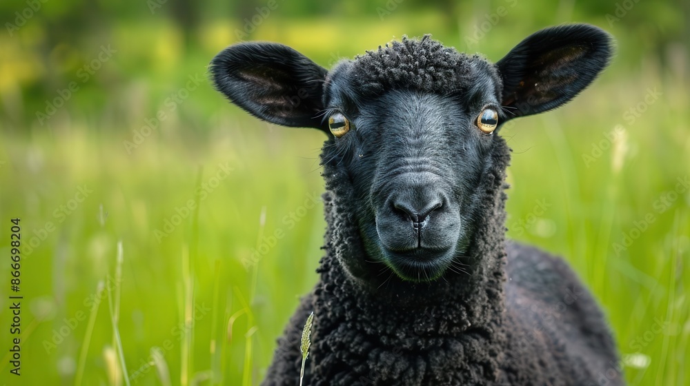 striking portrait of a rare black sheep standing out in a lush green meadow soft lighting accentuates the animals unique features and woolen texture against a bucolic backdrop striking portrait of a rare black sheep standing out in a lush green meadow soft lighting accentuates the animals unique features and woolen texture against a bucolic backdrop