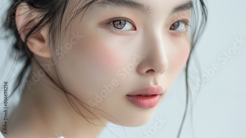 Close-up of a Chinese model with her eyes open, looking directly into the camera on a white background. A minimum of makeup.