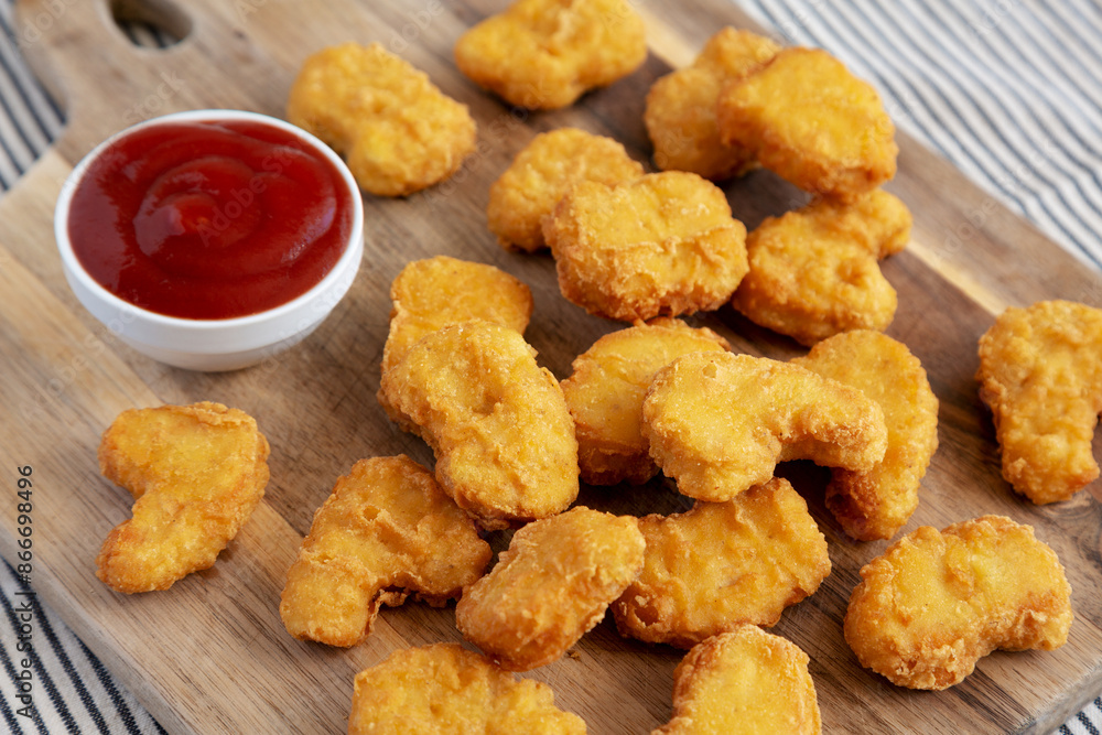 Crunchy Chicken Nuggets with Ketchup on a wooden board, side view. Crunchy Chicken Nuggets with Ketchup on a wooden board, side view.