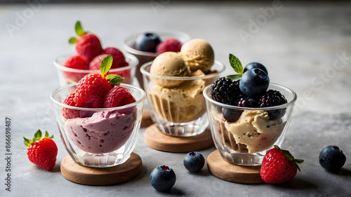 arious flavors ice cream scoops in cups with berries on table