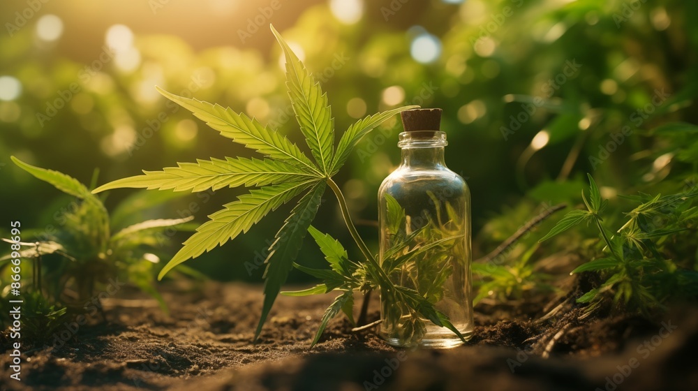 picture of bottle with liquid and green leaf of cannabis plant place don ground in nature on sunny day. picture of bottle with liquid and green leaf of cannabis plant place don ground in nature on sunny day.