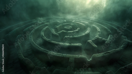 A mysterious stone maze shrouded in fog and light. The path to the center is obscured by swirling mist, creating a sense of intrigue and challenge.