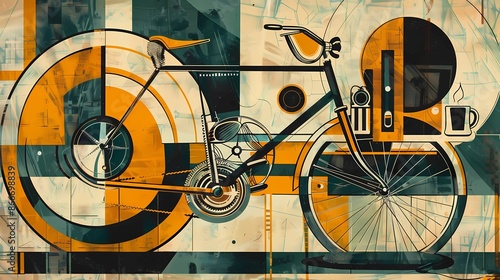 Abstract background a poster for coffee, bikes, and music, Weimar Republic, created by Oskar Schlemmer, merging human and machine, bauhaus graphic style, Generative AI illustrations.  photo