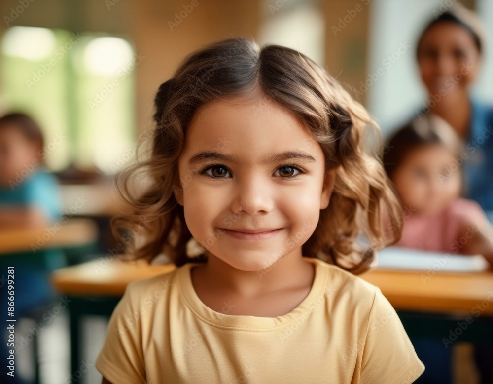 child in school with blurred classroom in the background child in school with blurred classroom in the background