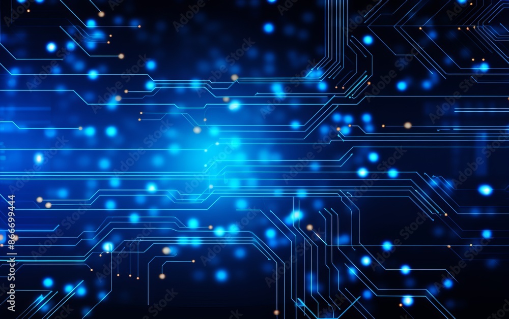 Abstract background of glowing blue circuit board with data flow. Concept of technology, digital, network, communication, and cyber security. Abstract background of glowing blue circuit board with data flow. Concept of technology, digital, network, communication, and cyber security.