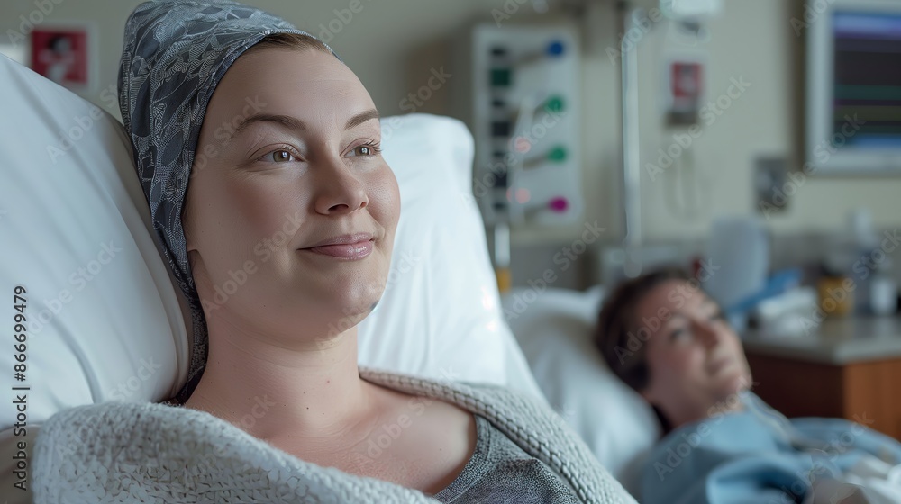 woman in mid-30s wearing hospital gown and headscarf, dark blonde hair, sitting on emergency room bed, smiling, another person in background, cinematic documentary style, high resolution woman in mid-30s wearing hospital gown and headscarf, dark blonde hair, sitting on emergency room bed, smiling, another person in background, cinematic documentary style, high resolution