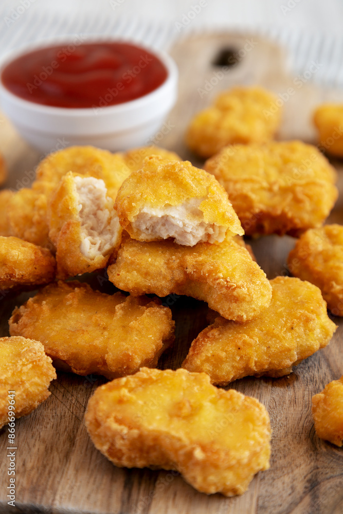 Crunchy Chicken Nuggets with Ketchup on a wooden board, side view. Close-up. Crunchy Chicken Nuggets with Ketchup on a wooden board, side view. Close-up.