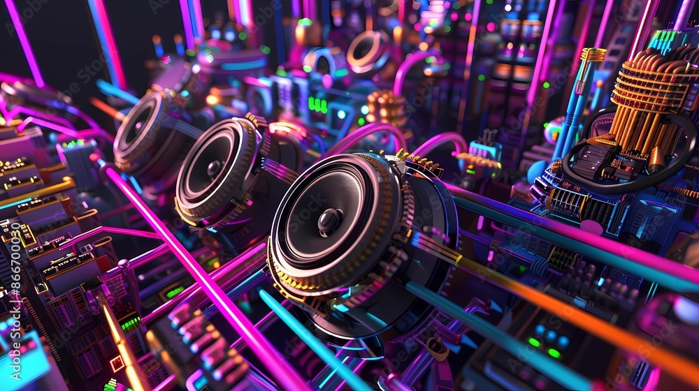 Fototapeta premium A futuristic music festival logo, a city of huge speakers and subwoofers, a stage for the Star Music Festival, Generative AI illustrations. 