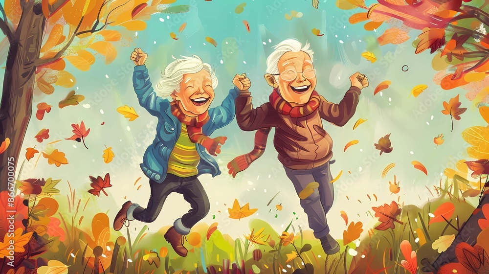 A illustrations of a happy old couple man and woman smiling and running in a garden, cartoon style, Generative AI illustrations. A illustrations of a happy old couple man and woman smiling and running in a garden, cartoon style, Generative AI illustrations.