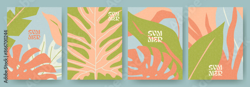 Creative concept of summer bright cards set with abstract tropical leaves. Modern art minimalist style design templates for celebration, ads, branding, banner, cover, label, poster, sales