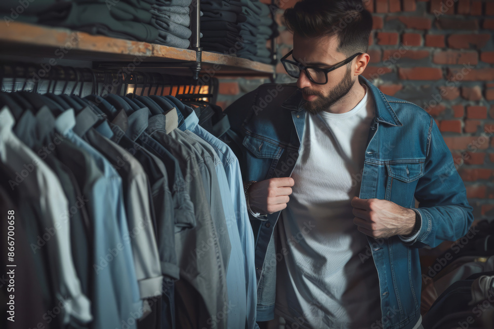Stylish man choosing outfit from a row of clothes in a clothing store Stylish man choosing outfit from a row of clothes in a clothing store