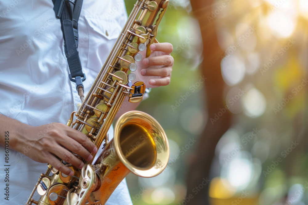 Musician playing a saxophone on blurred background Musician playing a saxophone on blurred background